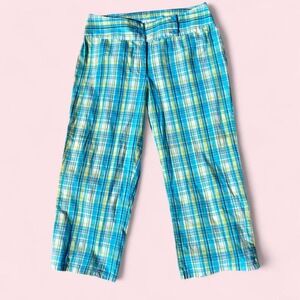 Carolina Blues Plaid Cropped Pants Turquoise Lime Green Stretch Capris Size 10